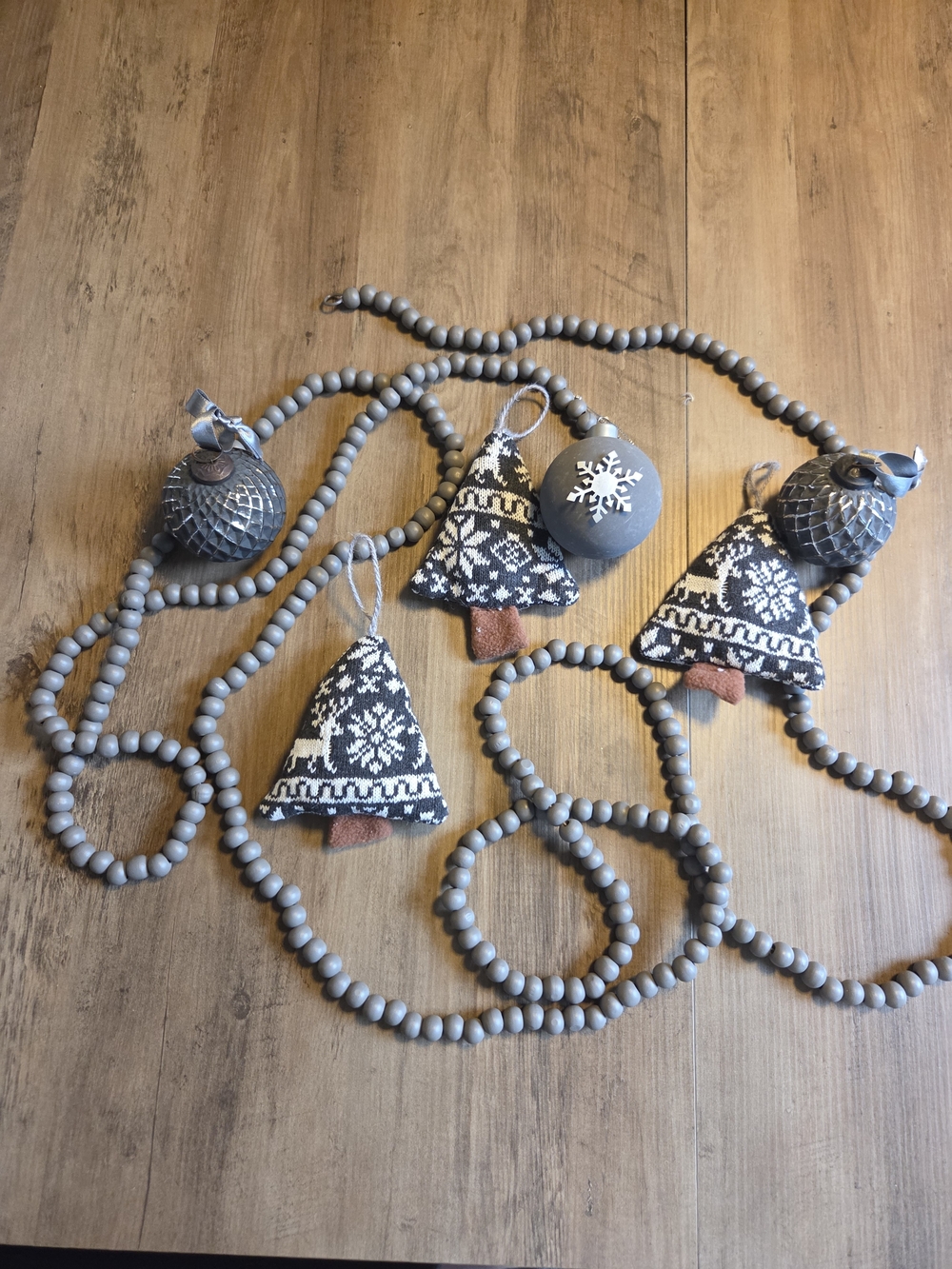 Gray Wooden Bead Garland with  Tree Ornaments